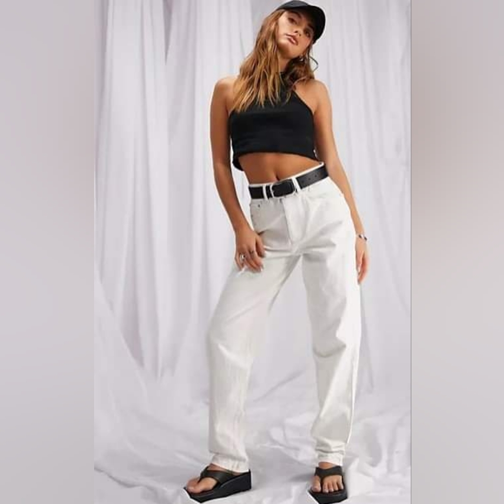 New Asos Design Cotton Blend Hi-Rise Slouchy Mom Relax Fit Jeans 28 Women Cream